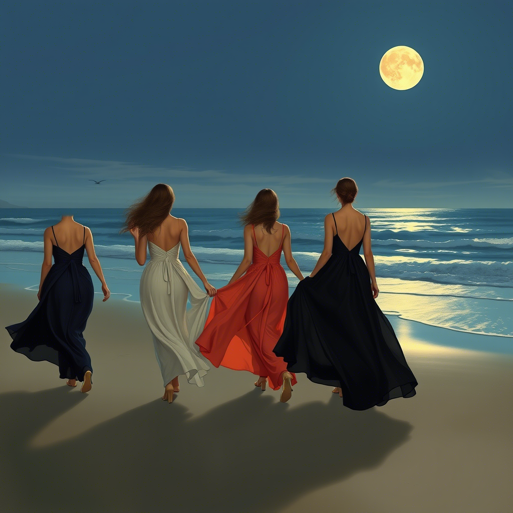 Girls in elegant evening gowns walking on a moonlit beach