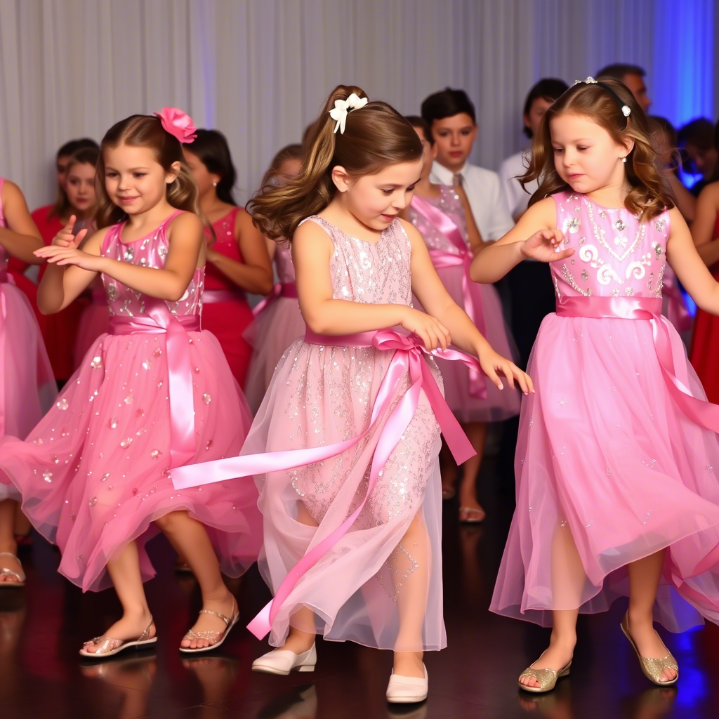 Girls in sparkly party dresses dancing with adjustable sashes flowing behind them, showcasing the joy and freedom of movement that these dresses provide