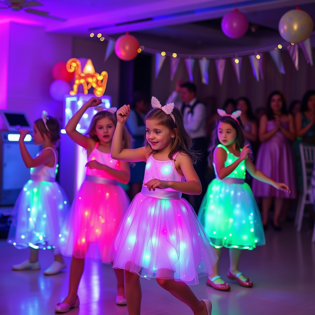 Girls wearing LED dresses dancing at a birthday party