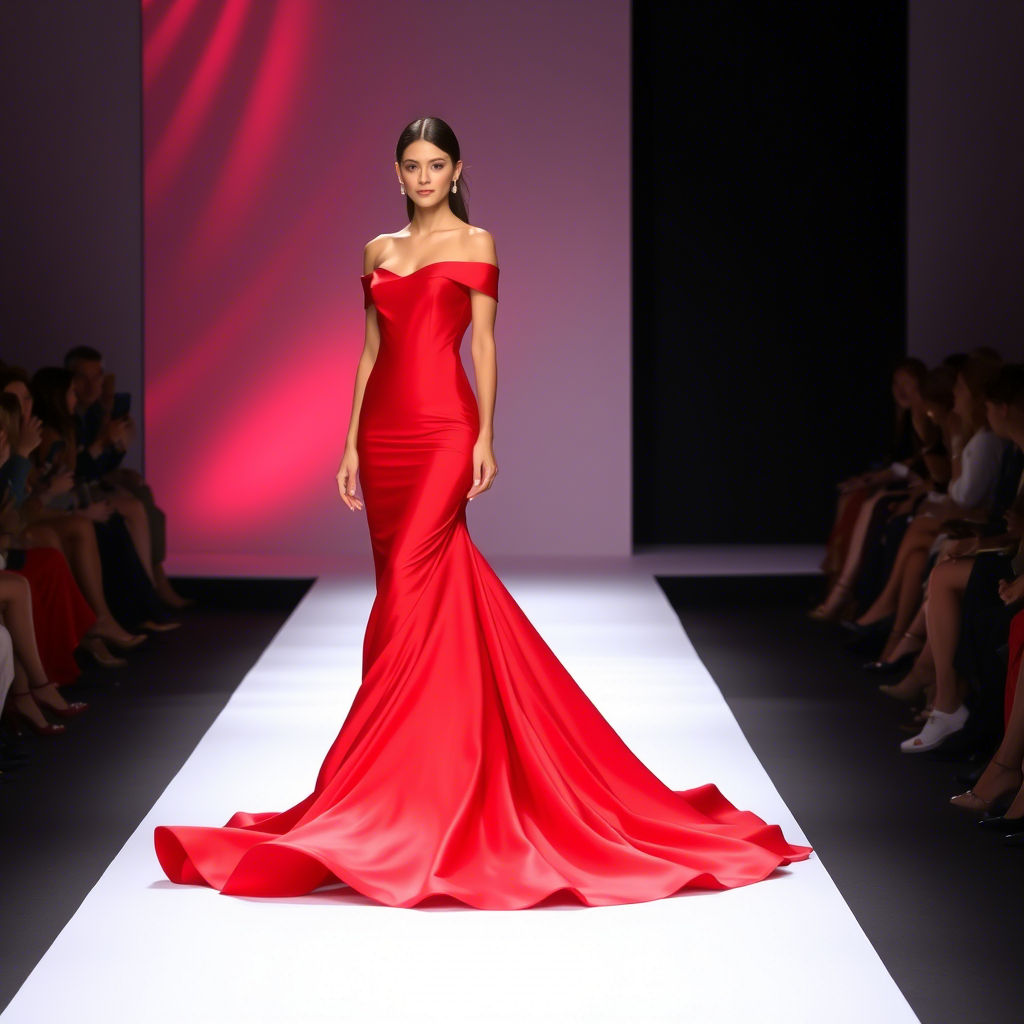 Glamorous red convertible gown with detachable train, flowing like a river on the runway.