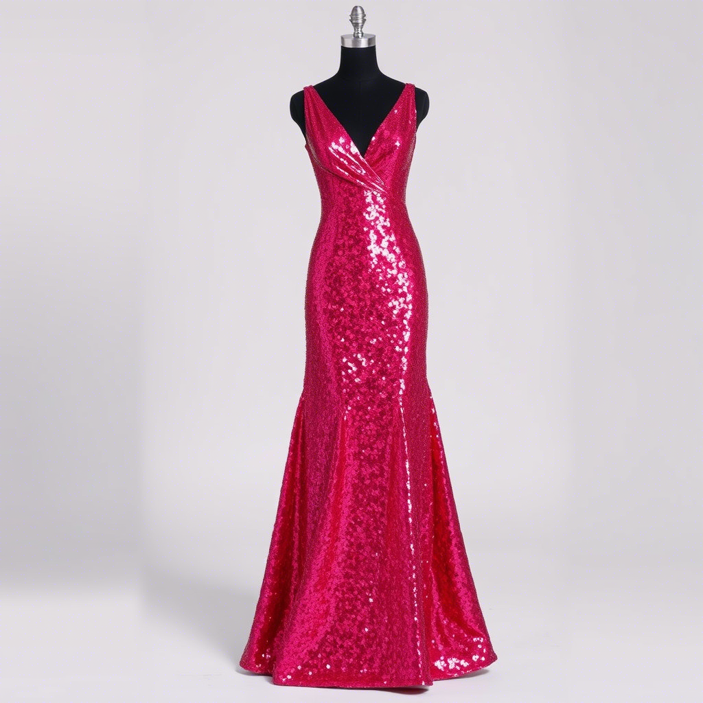Glitter evening gown with sequins, machine washable fabric, shiny party dress for women.