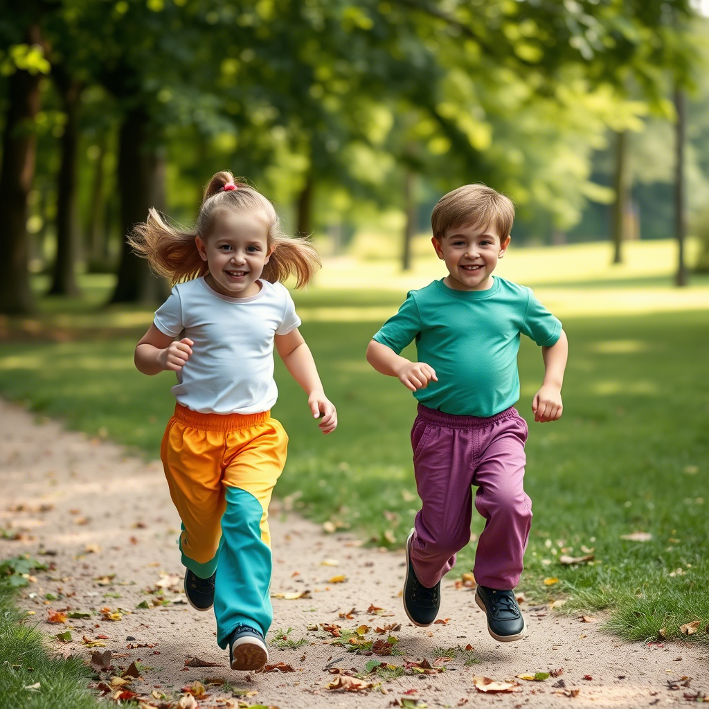 Kids in colorful expandable waist pants running in the park