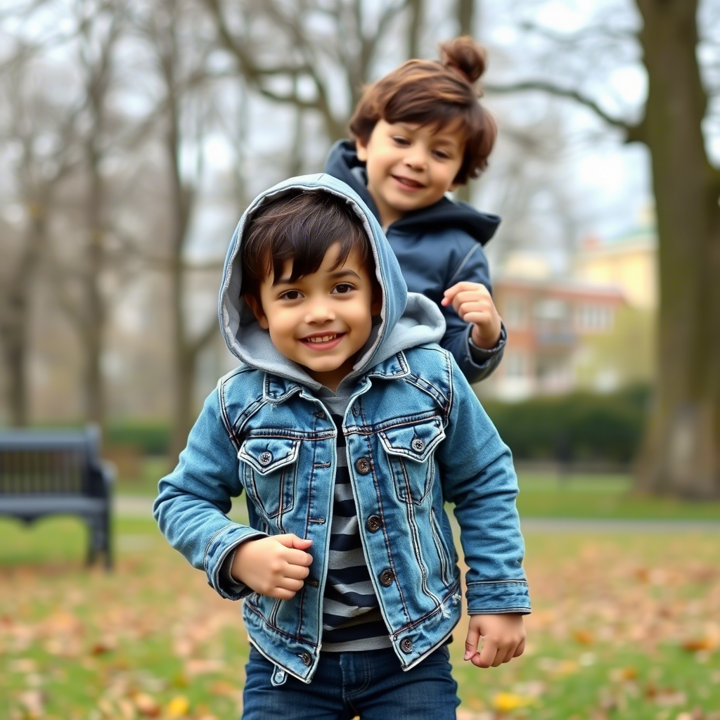 Kids in playful pose, wearing Distressed Kids Denim Jacket with Hoodie Lining, in a park on a chilly day