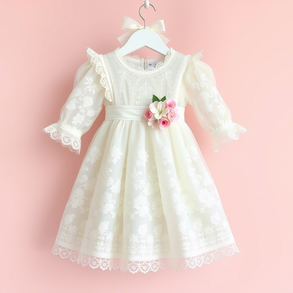 Lace-trimmed baby girl dress with delicate flowers and soft pastel colors, perfect for a christening ceremony, symbolizing purity and innocence