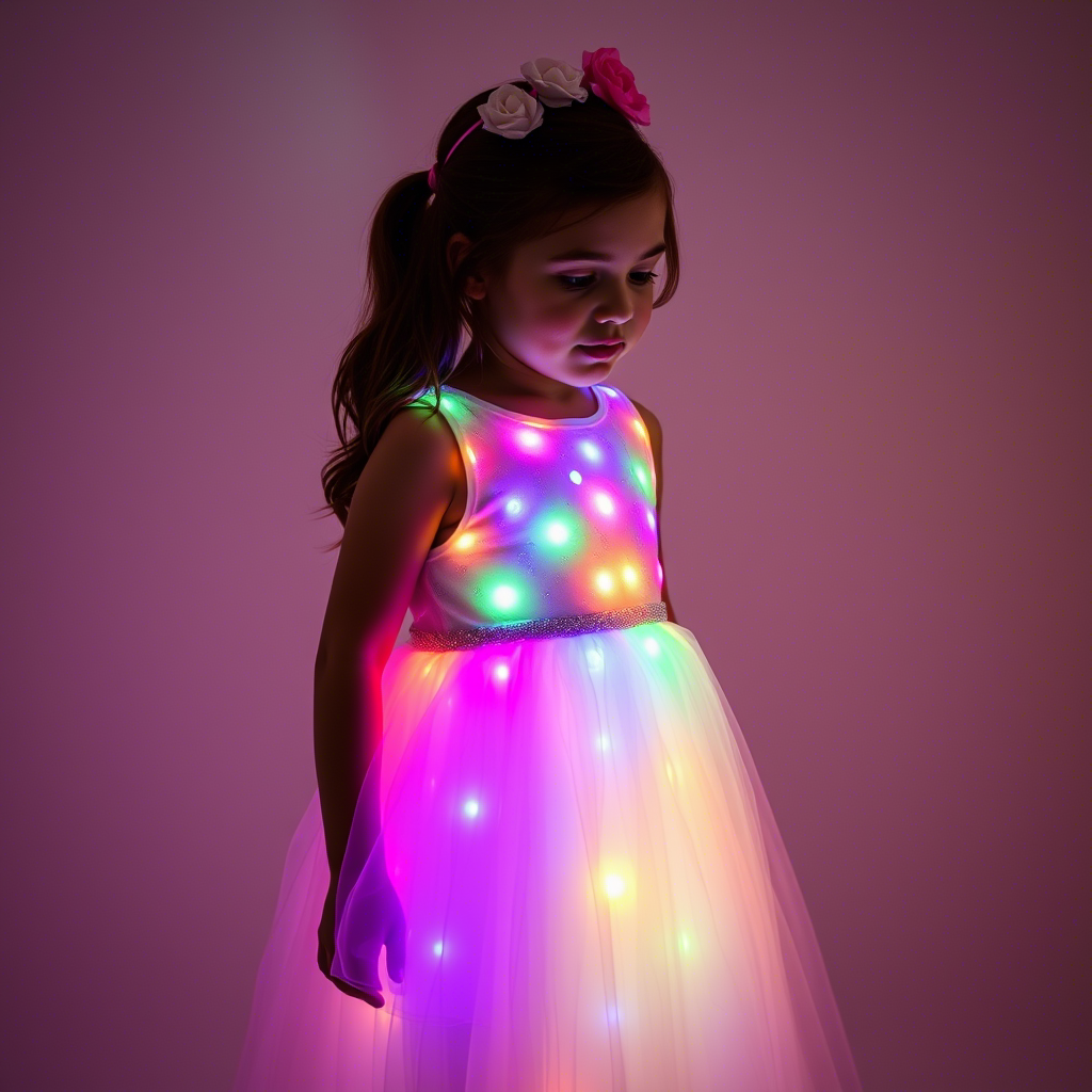 LED light-up party dress shining brightly on a little girl