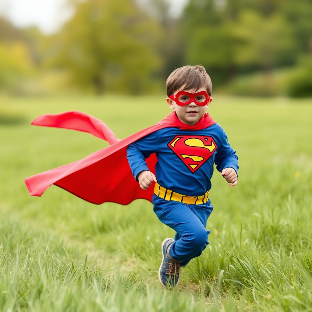 Little boy in a superhero costume running in a green meadow with a cape flowing