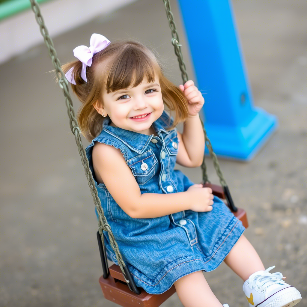 Little girl in a fashionable denim dress and sneakers, smiling while sitting on a swing.