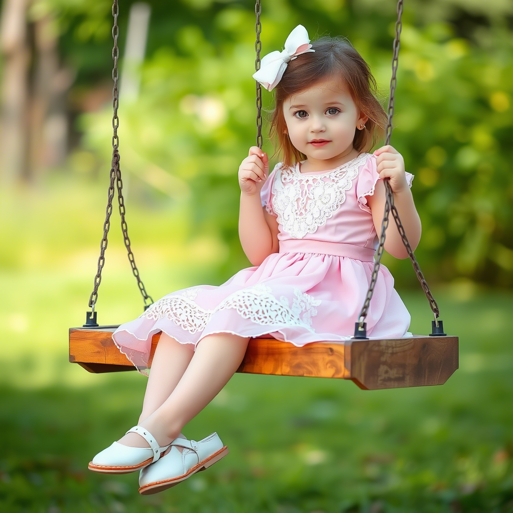 Little girl in a pastel pink dress with white lace, sitting on a wooden swing