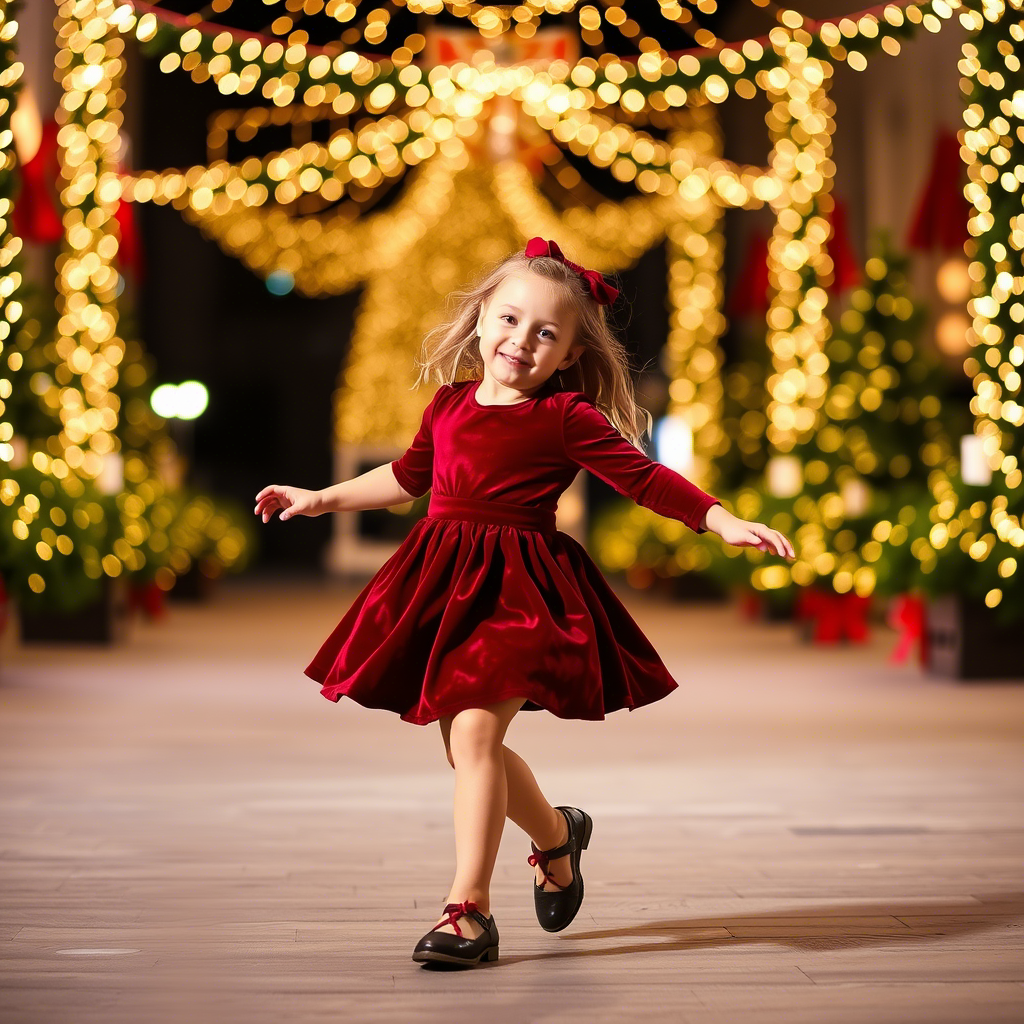 Little girl in velvet red dress twirling under Christmas lights, capturing the essence of holiday joy and elegance.