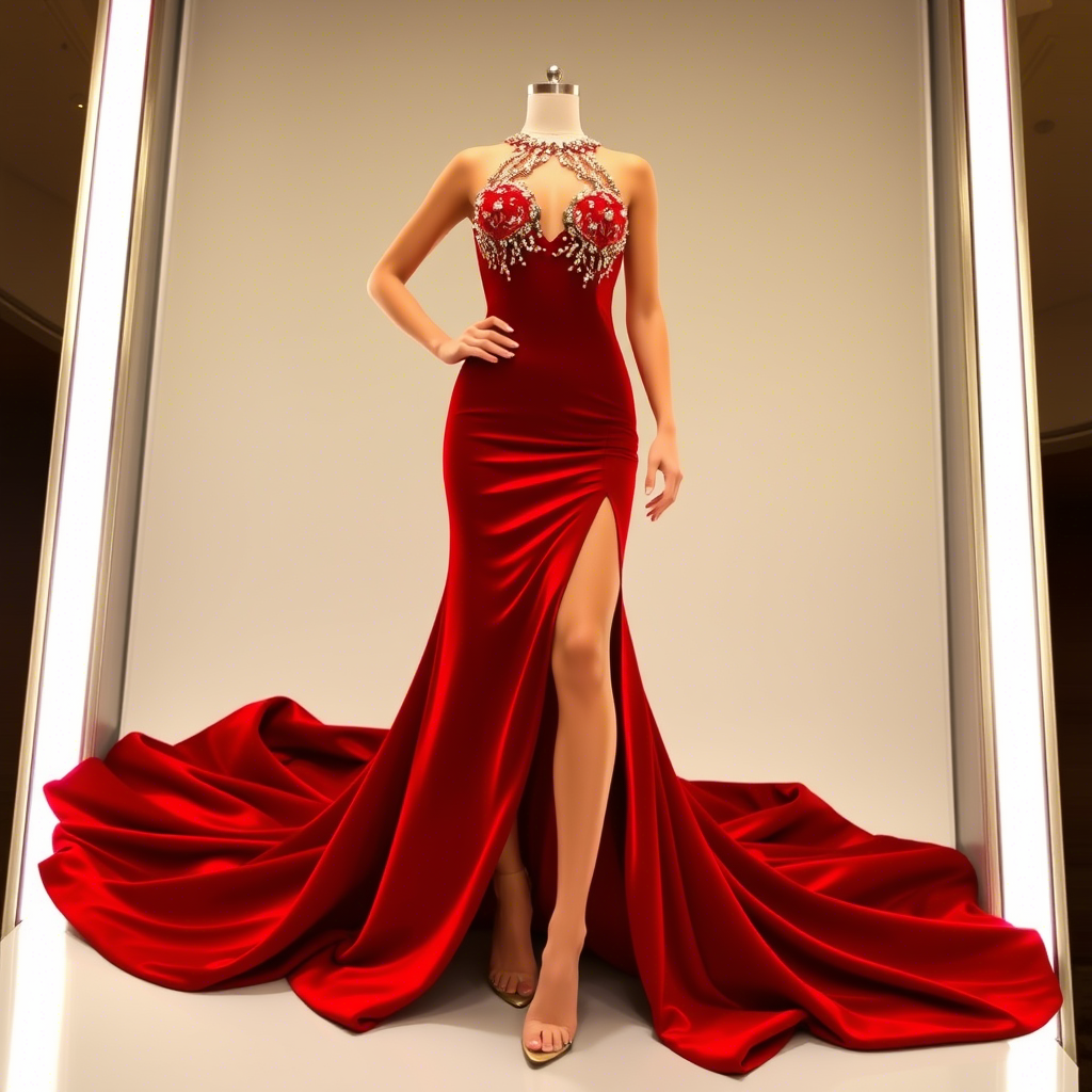 Luxurious red dress with beaded bodice and a daring thigh-high slit.