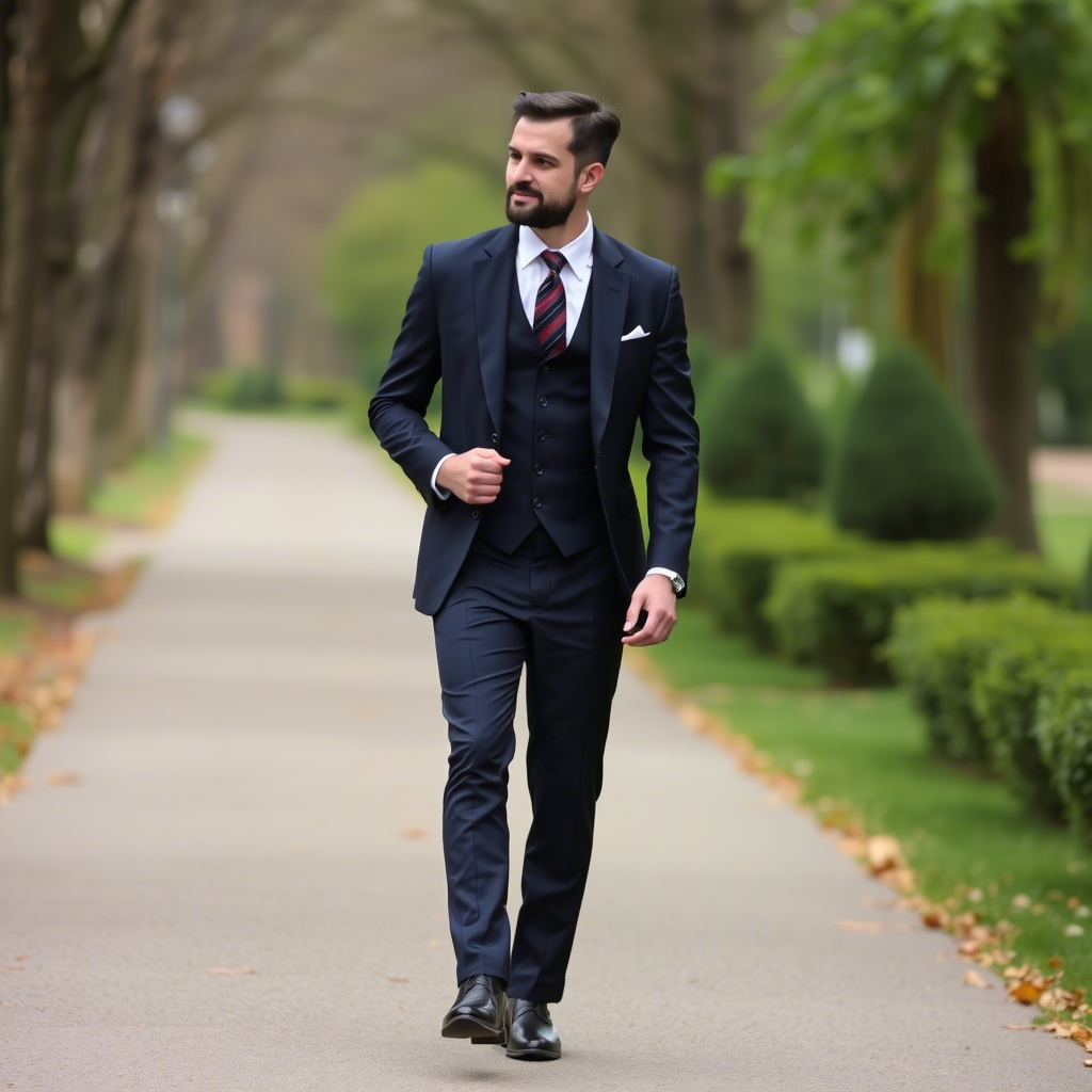 Man wearing 3-piece convertible suit, vest detached, walking on a park path