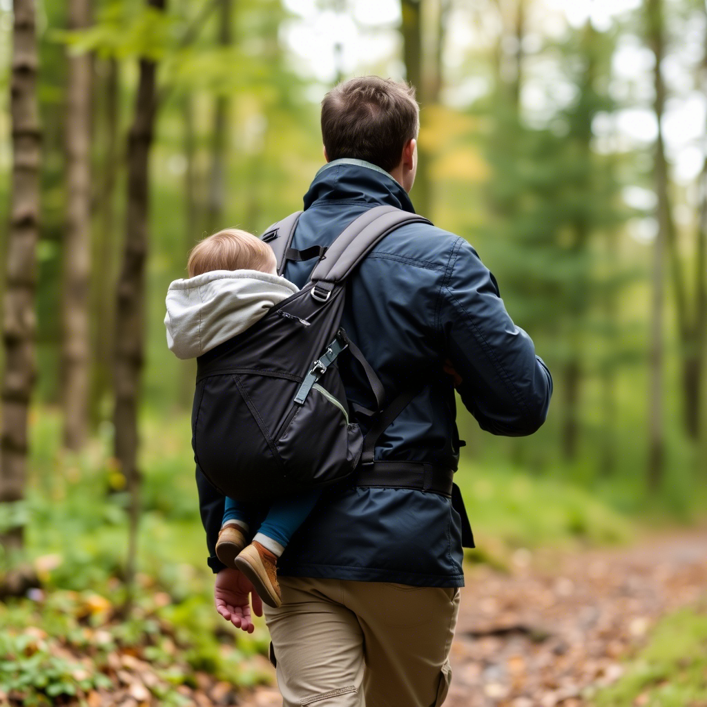Man wearing waterproof jacket with attached kids carrier walking in the woods