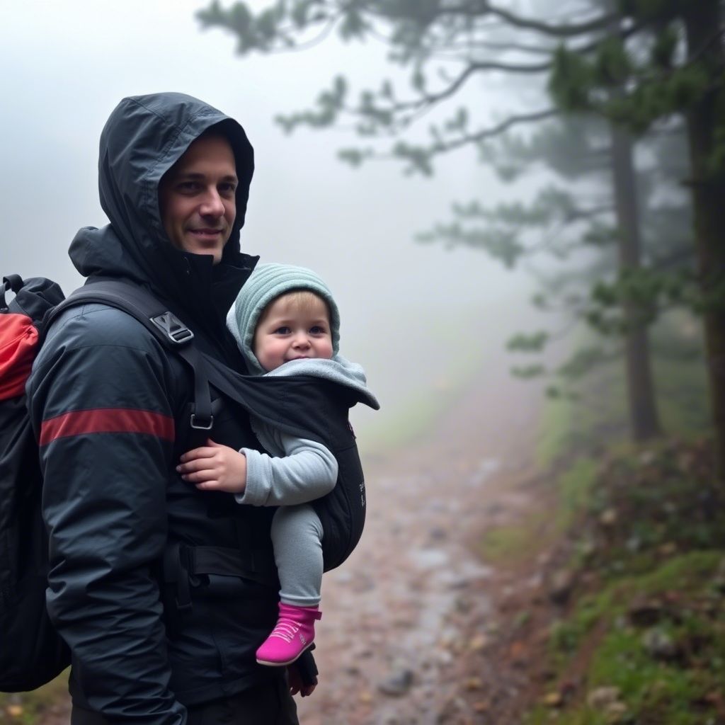 Man with waterproof jacket and kids carrier on a foggy mountain trail