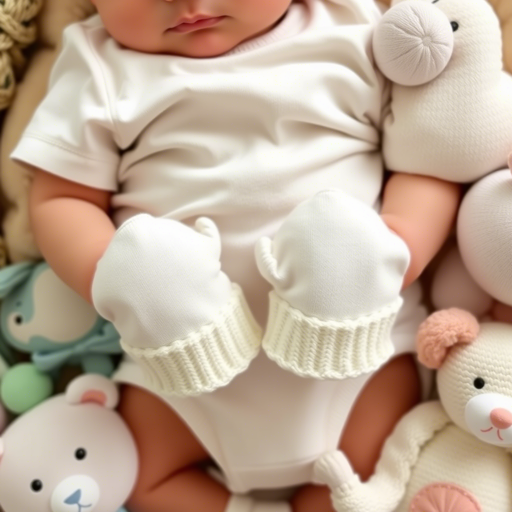 Newborn baby boy wearing organic cotton onesie and fold-over mittens, surrounded by pastel toys.