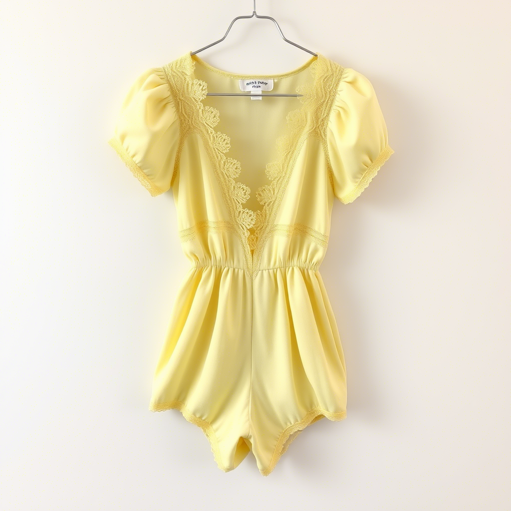 Pastel yellow romper with delicate lace details and non-scratch tag