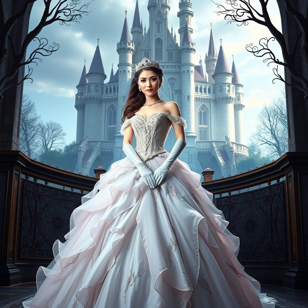 Princess in a lavish ball gown with sparkling tiara and elegant gloves standing under a majestic castle