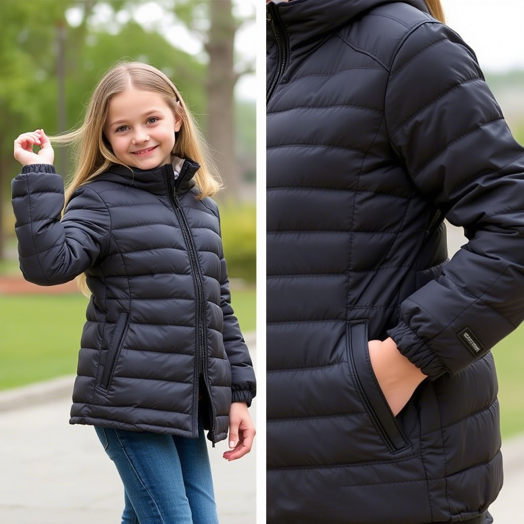 A young girl posing outdoors in a quilted jacket with a water-resistant shell and hidden pocket on the side, showcasing the perfect blend of style and functionality