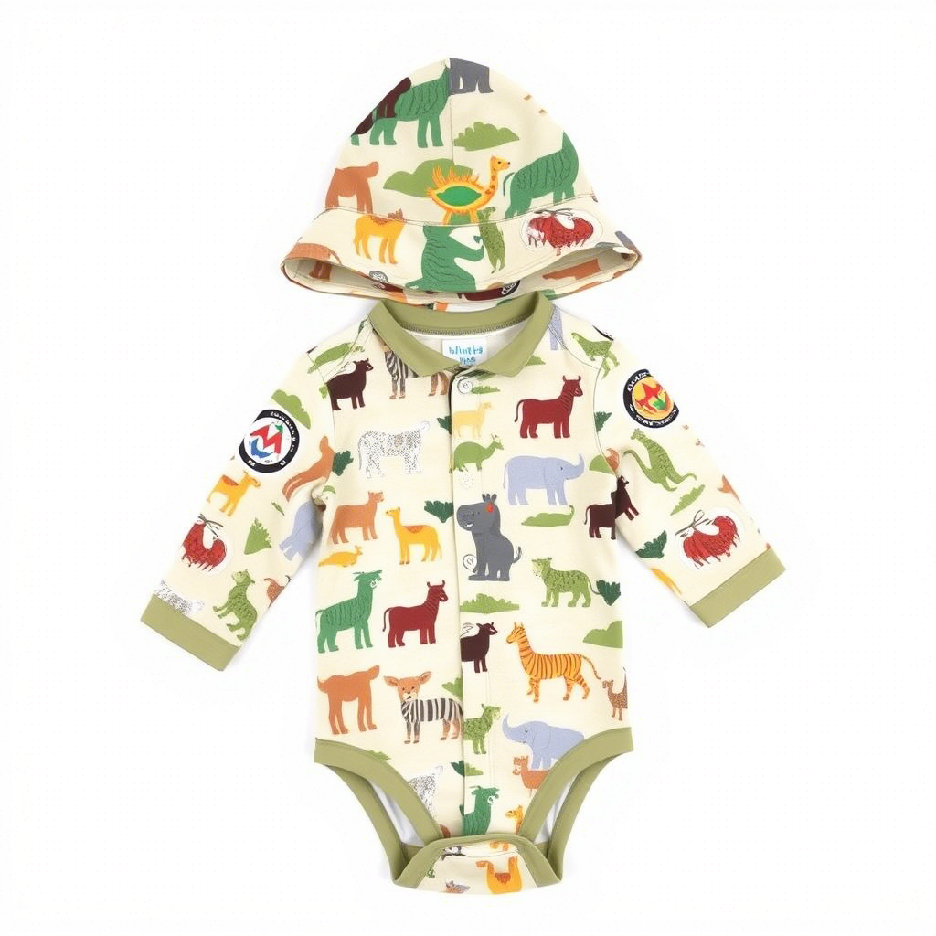 Safari adventure set with animal-print onesie and hat, featuring patches that teach about different wildlife habitats.