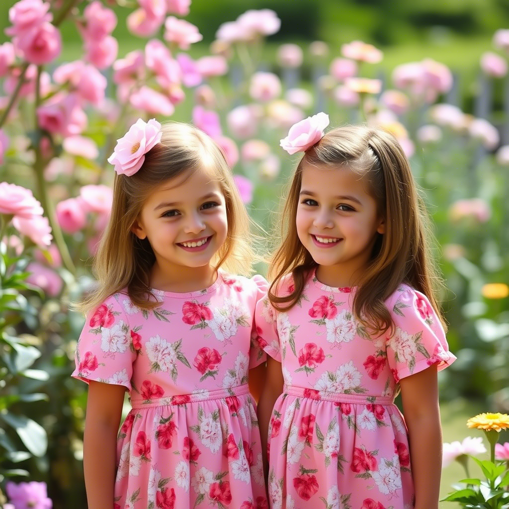 Sisters dressed in matching pink floral outfits, smiling together in a garden with blooming flowers, showcasing the beauty of coordinated clothing.