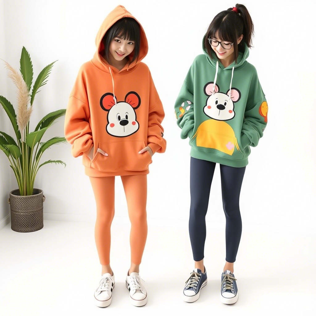 Soft and cozy oversized hoodie with cartoon characters, paired with leggings and sneakers