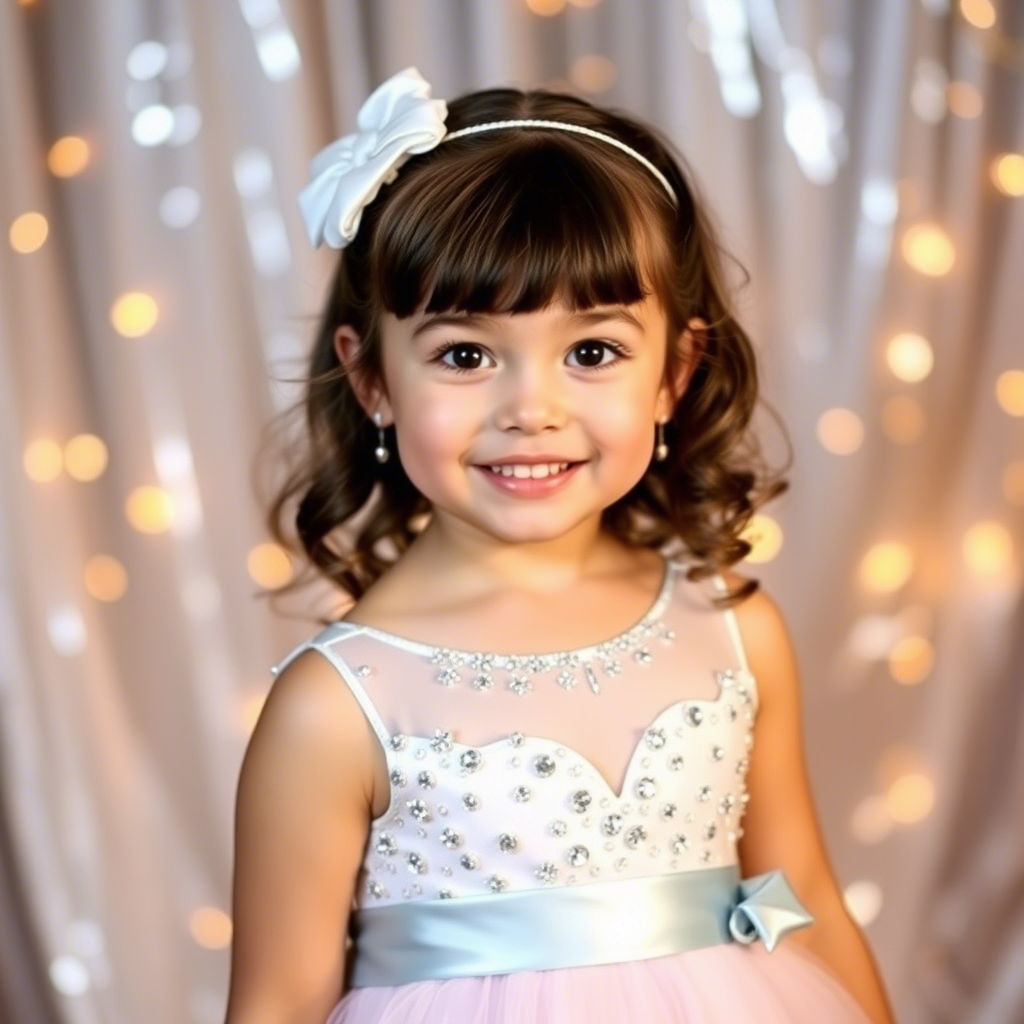 A little girl wearing a sparkly party dress with an adjustable sash and smiling brightly, showcasing the joy and happiness that these dresses bring to special occasions