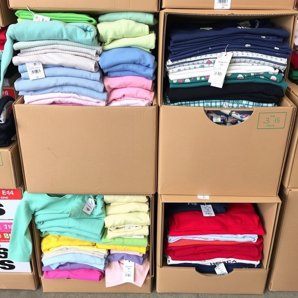 Stacked boxes of assorted kids' apparel for bulk purchase, tags visible.
