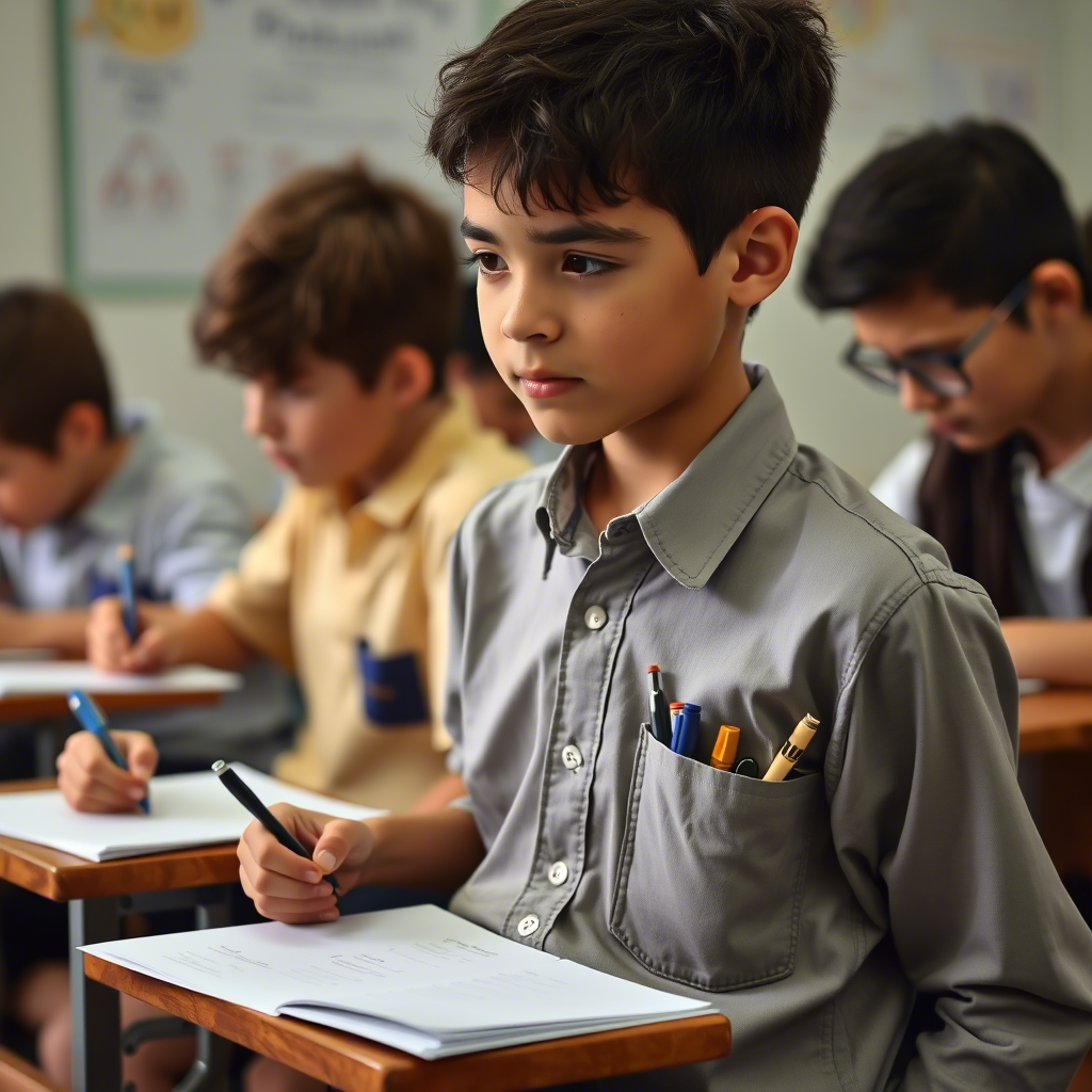 Students in a classroom, one boy's shirt showing the hidden pen pocket while others are writing with pens