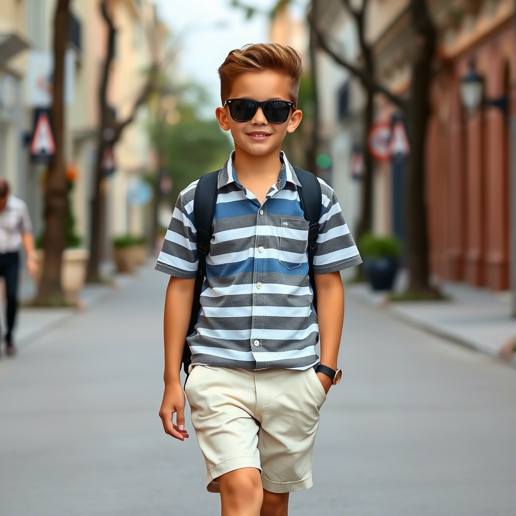Stylish boy in a casual outfit consisting of a striped shirt and light-colored shorts walking down the street