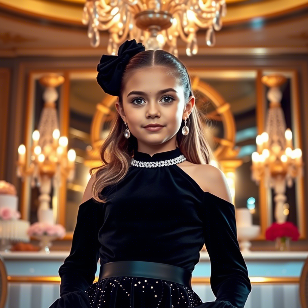A stylish girl dressed in party wear, standing in front of a luxurious background with sparkling chandeliers and glamorous decor, highlighting the elegance and sophistication of party-ready ensembles.