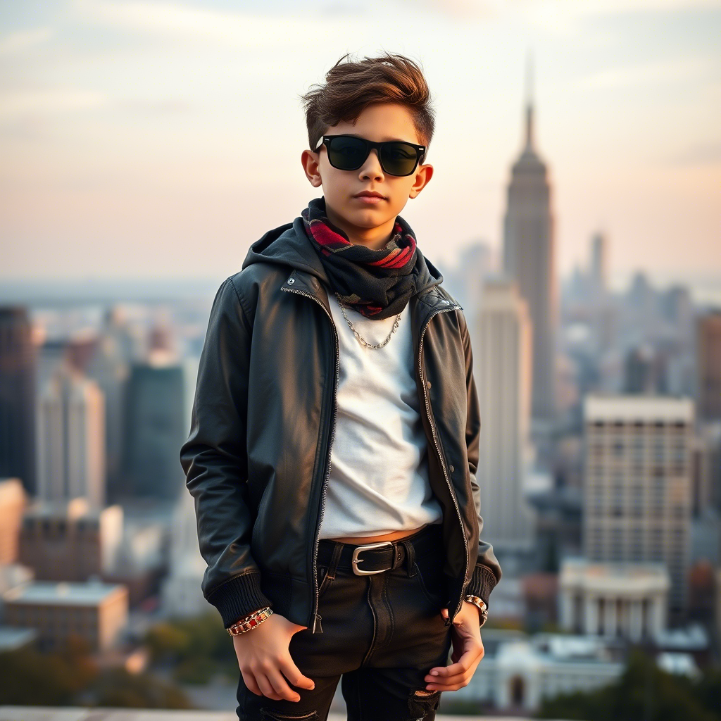 Stylish young boy wearing trendy outfit standing in front of city skyline