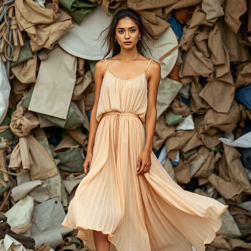 Sustainable fashion model wearing a flowy dress, posing in a recycled material background