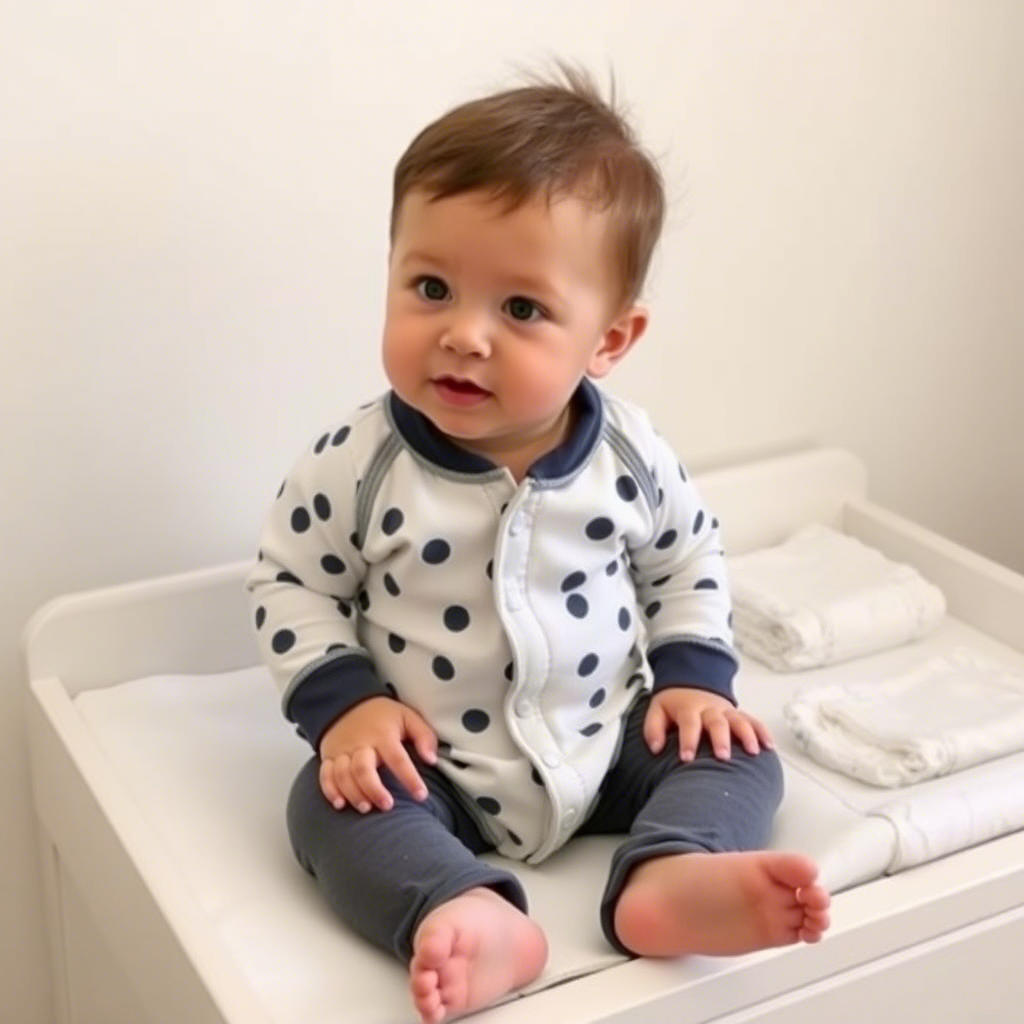 Toddler boy in magnetic closure outfit, sitting on changing table with diapers nearby.