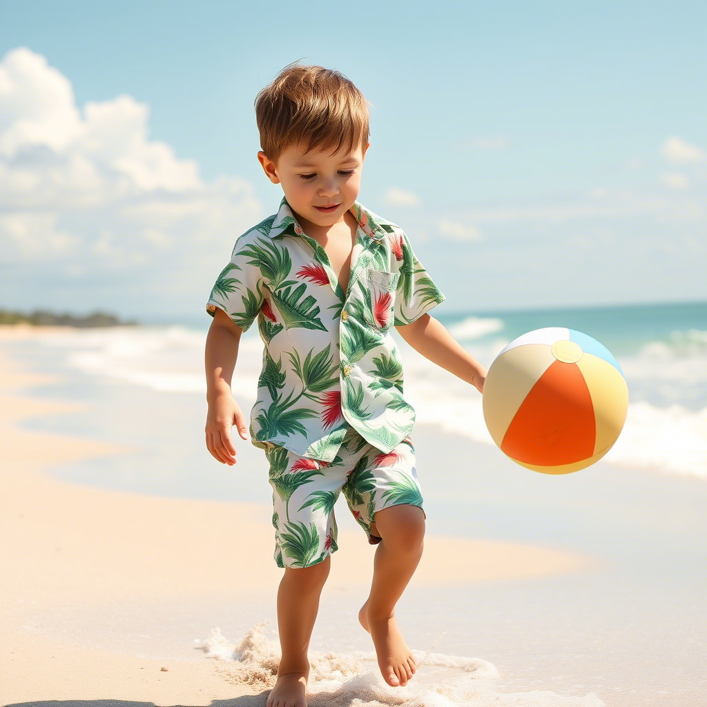 Tropical boy in lightweight cotton outfit, playing with beach ball on sunny day.