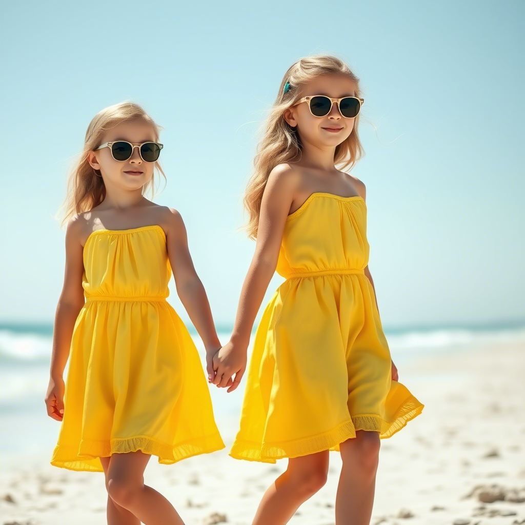 Two girls wearing identical yellow sundresses and sunglasses, holding hands on a sunny beach, exuding happiness and friendship.