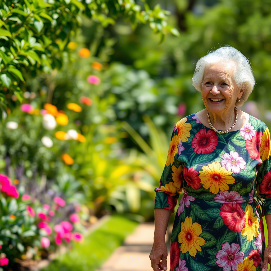 Vibrant floral print dress on a smiling elderly lady walking in a lush garden on a sunny afternoon
