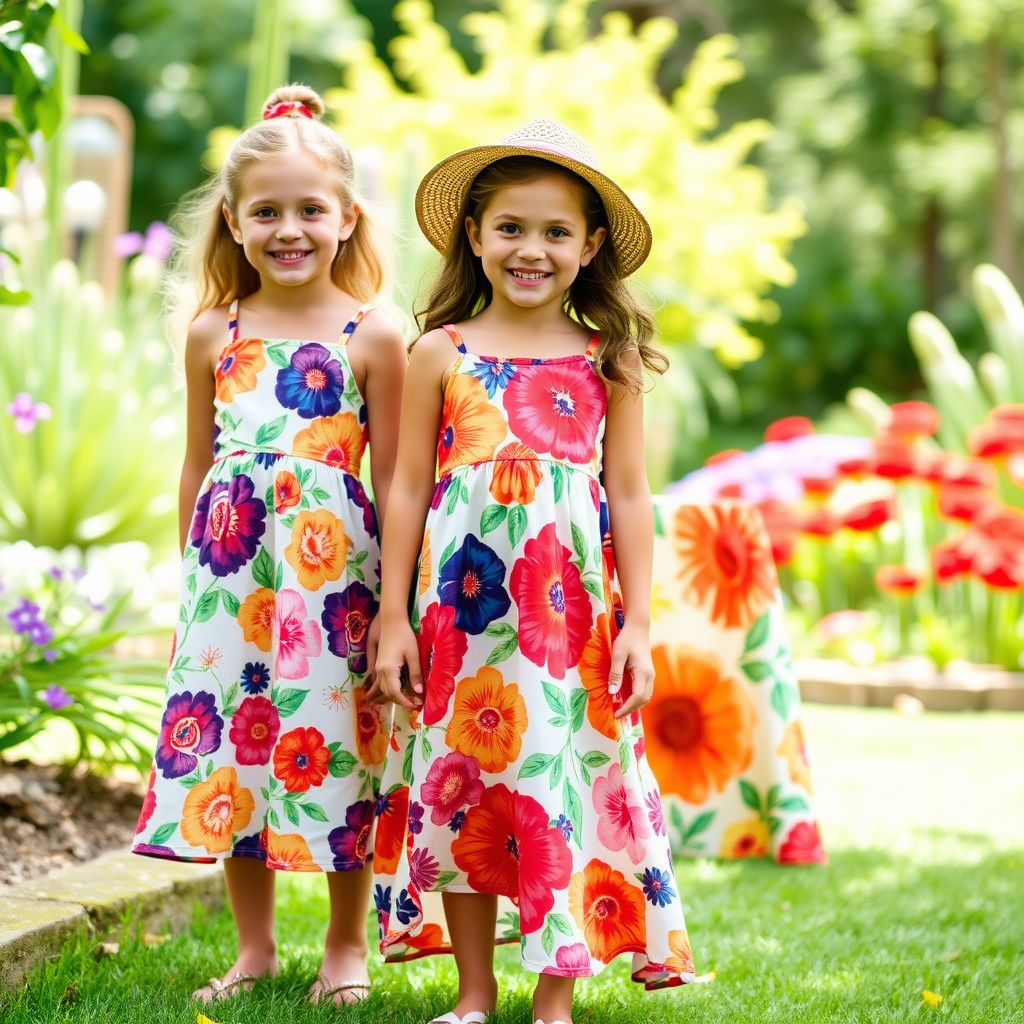 Vibrant floral print sundresses with relaxed fits, modeled by smiling young girls in a garden setting