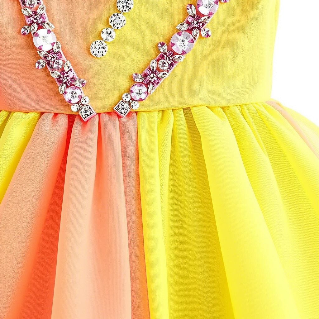 Vibrant party dress with glitter accents, easy care, machine washable, perfect for celebrations.