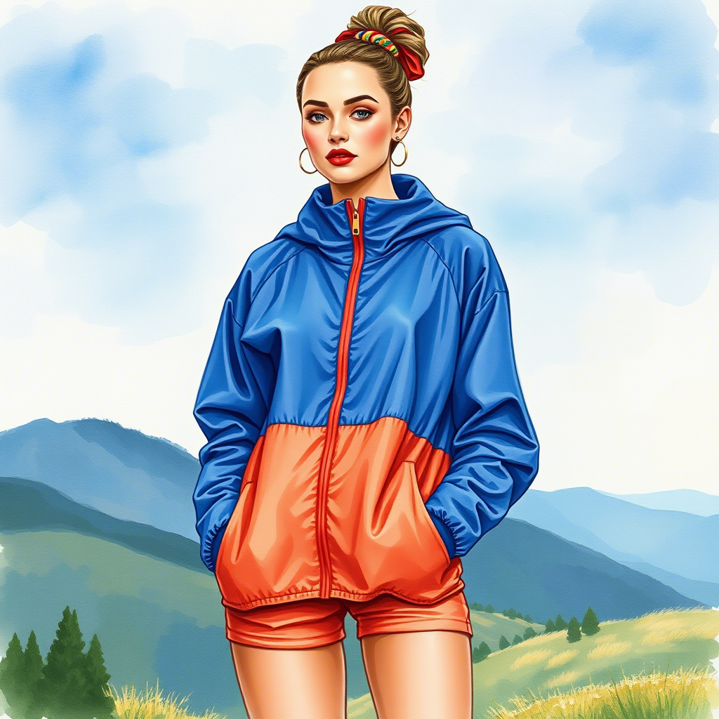 Vibrant watercolor art of a model wearing a windbreaker and matching scrunchie, standing against a serene landscape