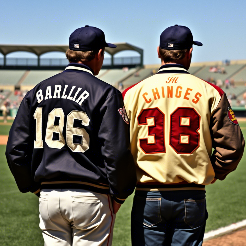 Vintage baseball jackets with customized numbers and team logos, worn by players on a sunny stadium field.