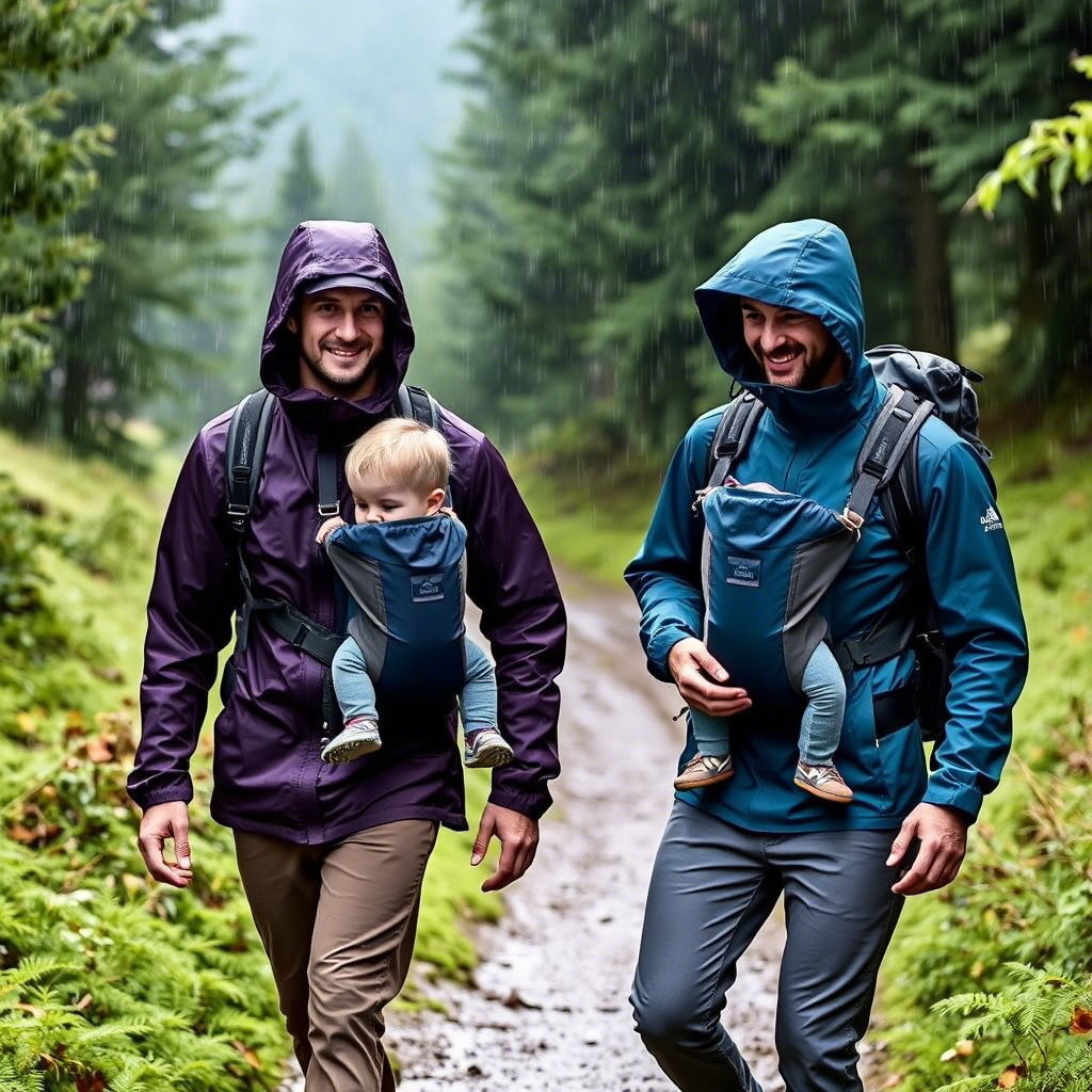 Waterproof Men's Jacket with Detachable Kids Carrier on a rainy hiking trail
