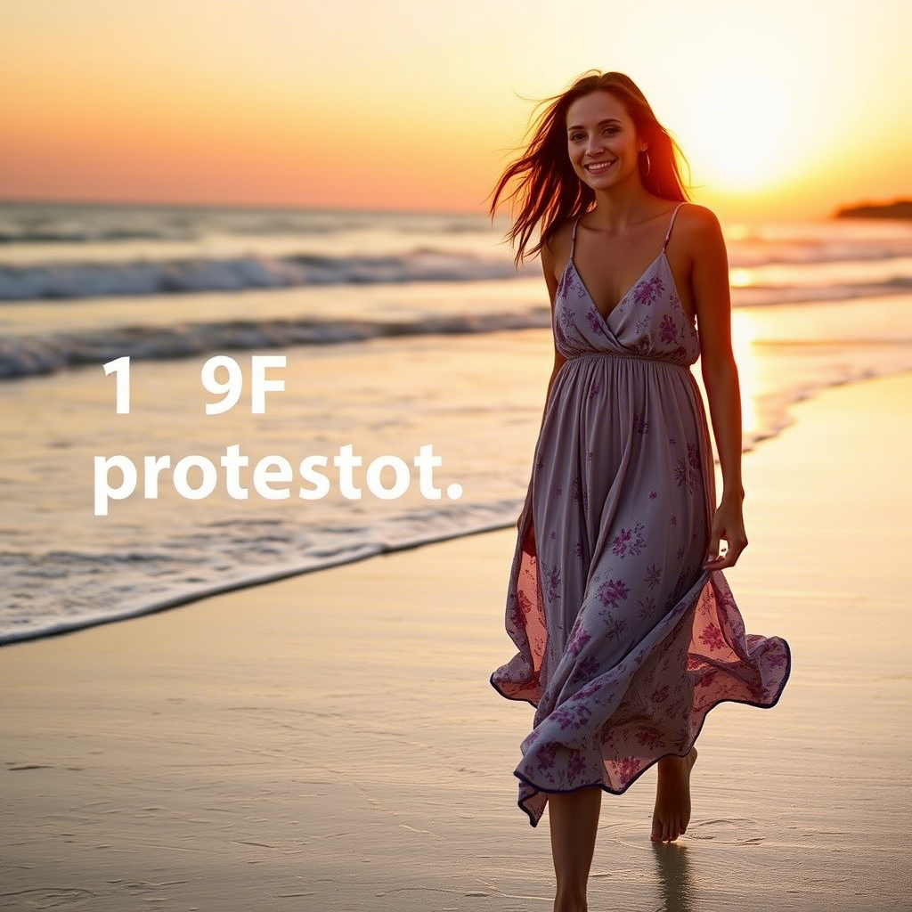 Woman wearing flowy sundress with UPF protection, walking on beach at sunset.