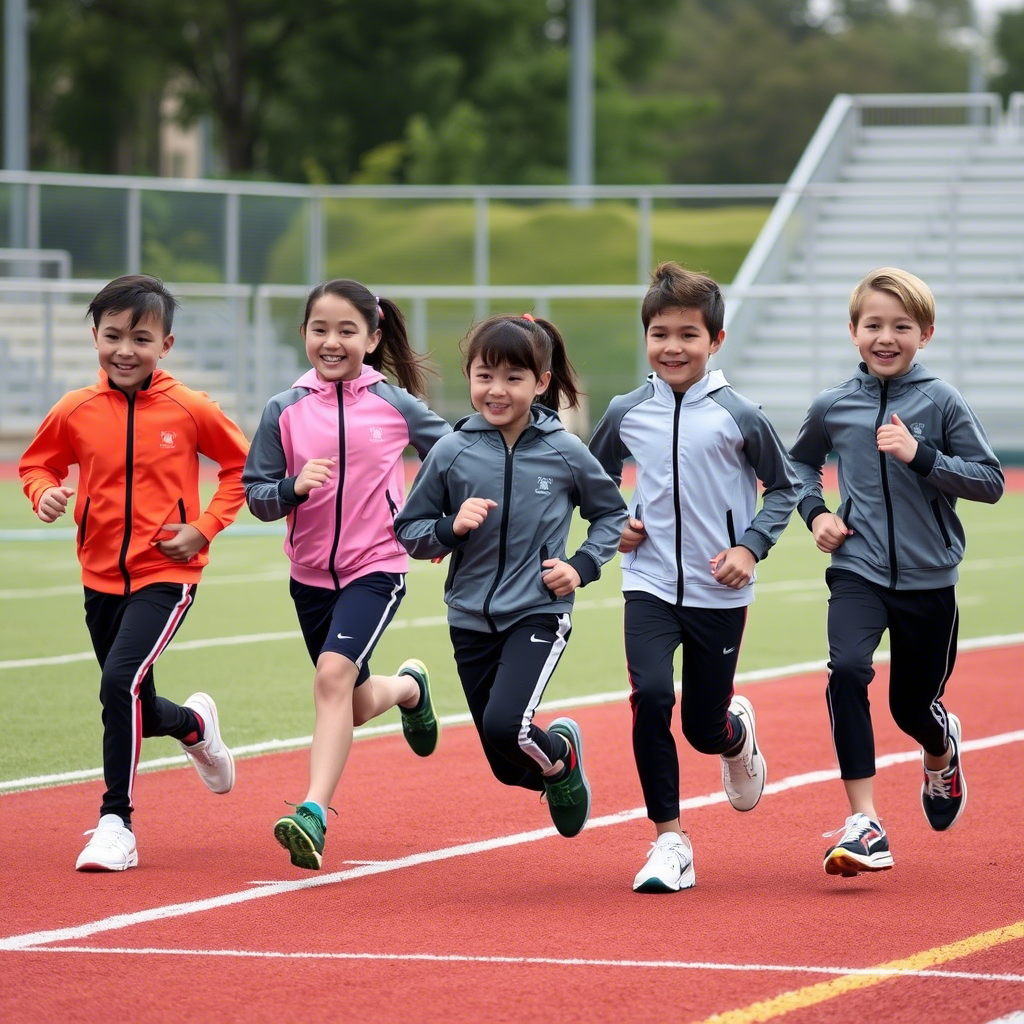 Young athletes running on a sports field wearing moisture-wicking kids tracksuits, energetic atmosphere.