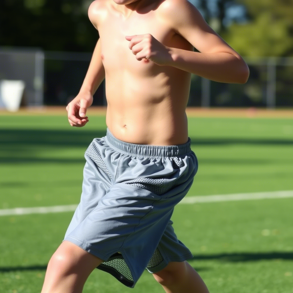 Young boy wearing athletic shorts with mesh liners, running on a sunny sports field.
