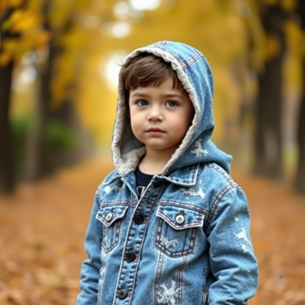 Young boy wearing Distressed Kids Denim Jacket with Hoodie Lining, standing in autumn leaves