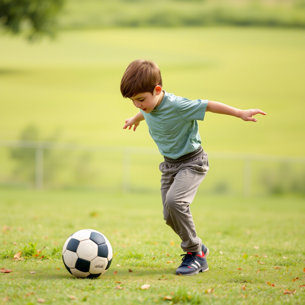 Young boy wearing expandable waist pants playing soccer
