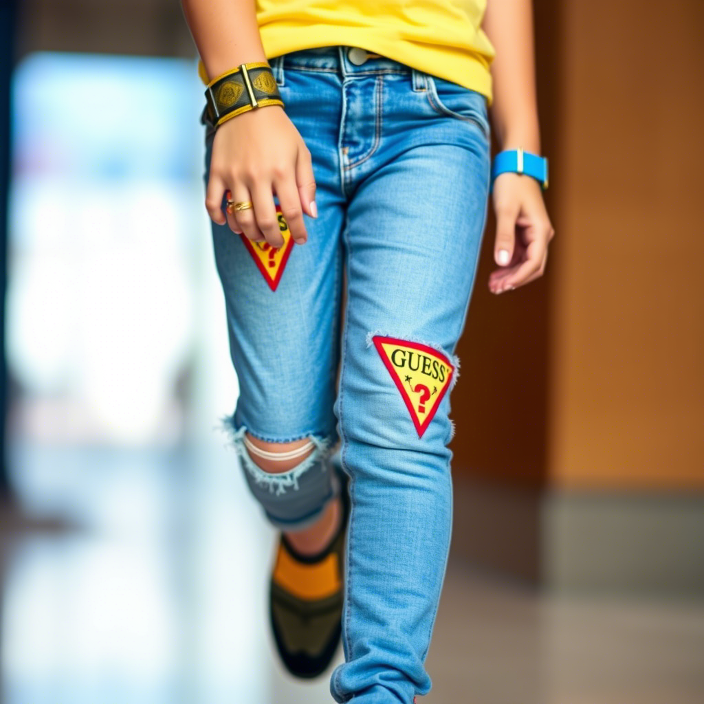 Young fashionista wearing Guess Kids' Jeans with colorful Signature Triangle Logo Patches on ripped knees