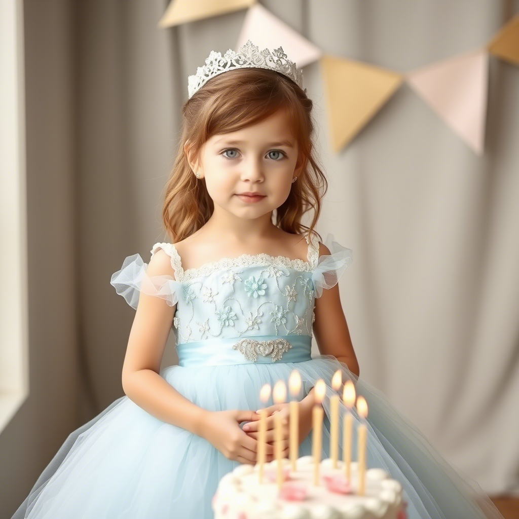 Young girl in a pastel blue ball gown, standing in front of a cake with candles.