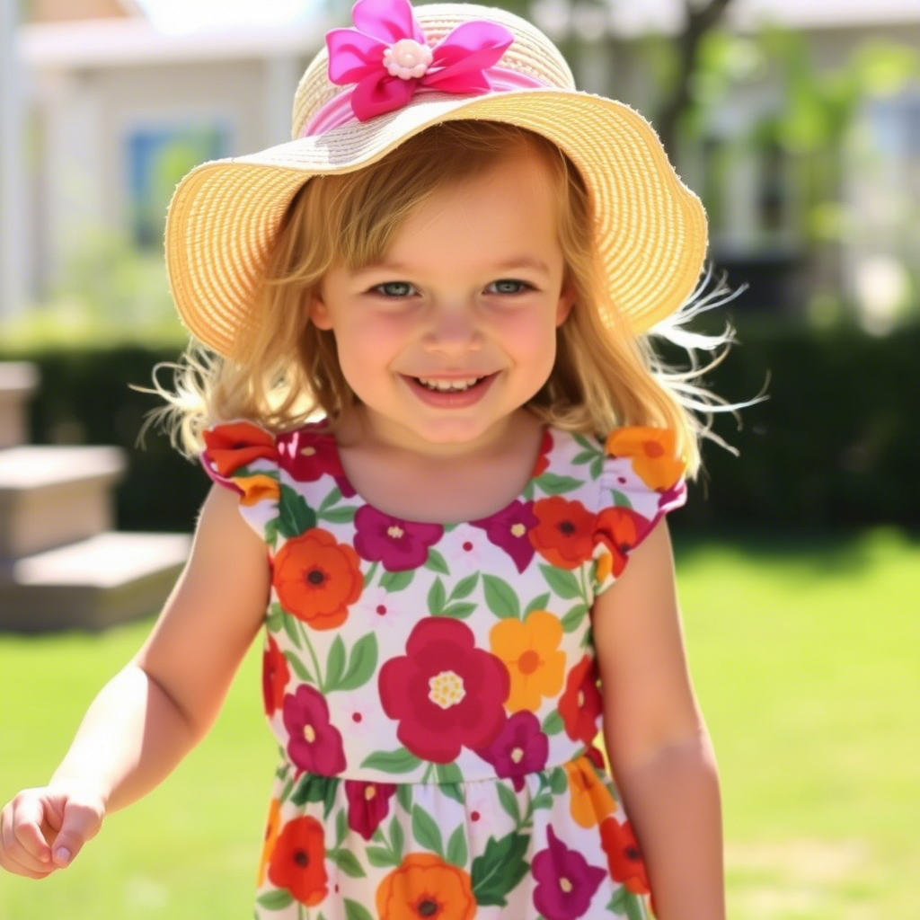 Young girl in bright floral dress with sunhat, playing outside on a sunny day.