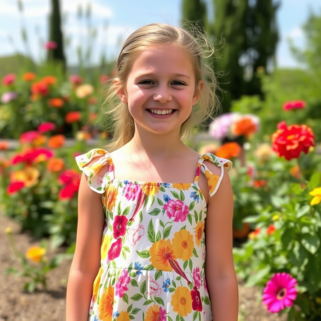 Young girl wearing a floral sundress, smiling in a garden with vibrant flowers.