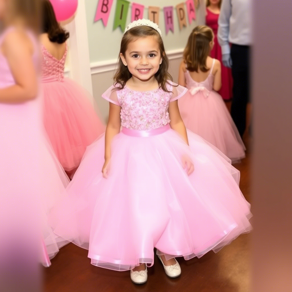 Young girl wearing a pink ball gown with removable overskirt, smiling at a birthday party.